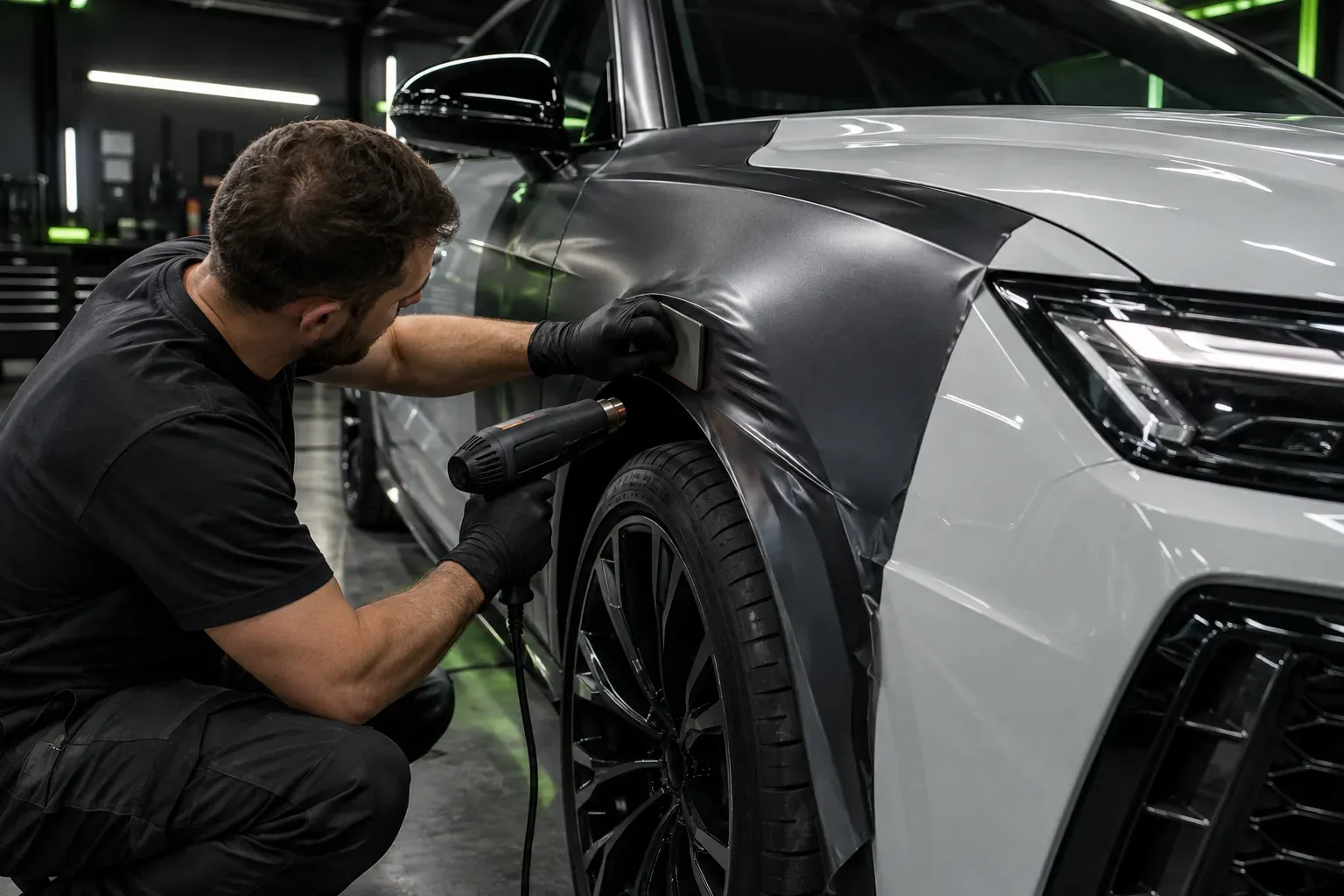 Meistras fėnu ir glaistykle klijuoja satino pilkos spalvos plėvelę ant automobilio sparno