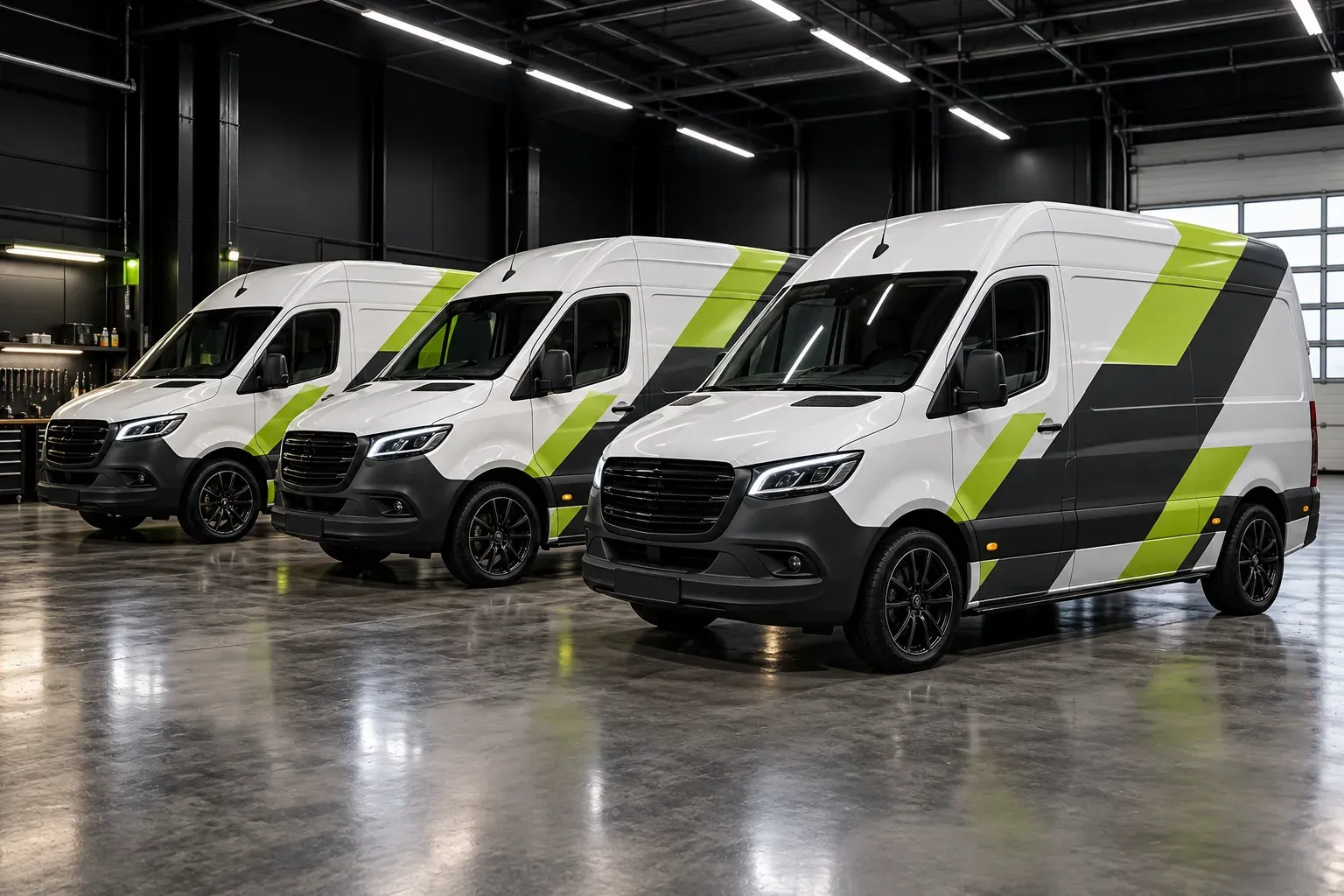 Trys įmonės mikroautobusai, apklijuoti reklamine plėvele su žaliomis ir pilkomis juostomis