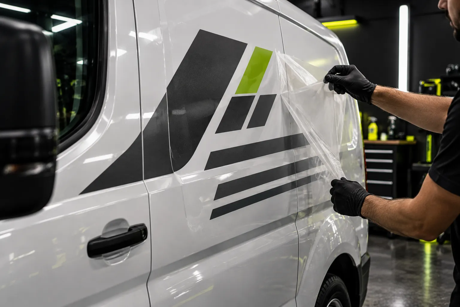 Meistras nuima montažinę plėvelę nuo naujai priklijuoto logotipo ant mikroautobuso durų