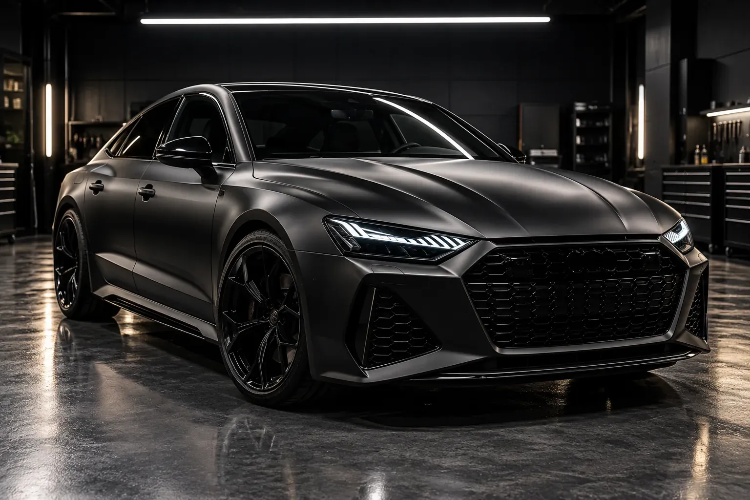 Automobilis, apklijuotas matine juoda plėvele, dirbtuvėje