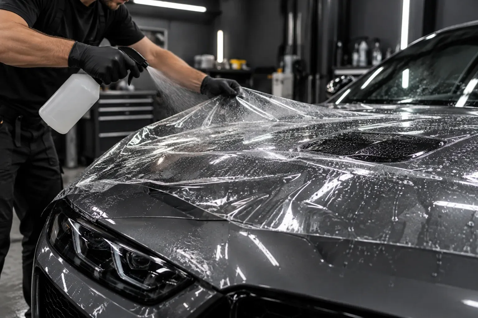 Meistras klijuoja skaidrią PPF plėvelę ant automobilio kapoto, purkšdamas montavimo skystį