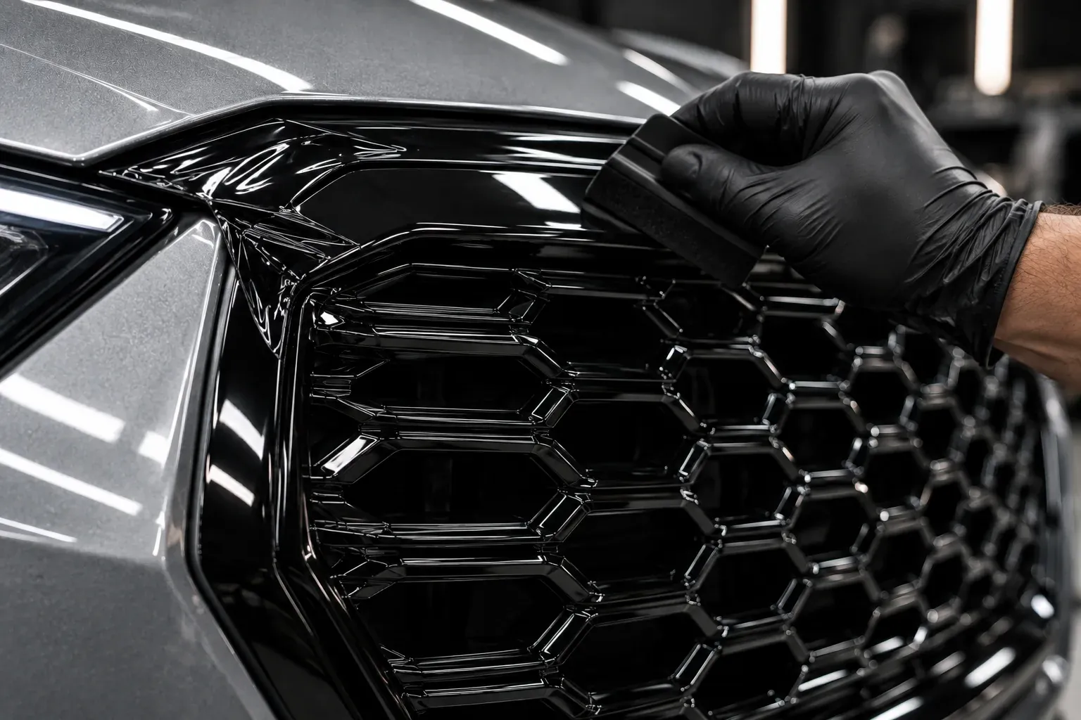 Automobilio grotelių apklijavimas juoda blizgia plėvele – shadowline