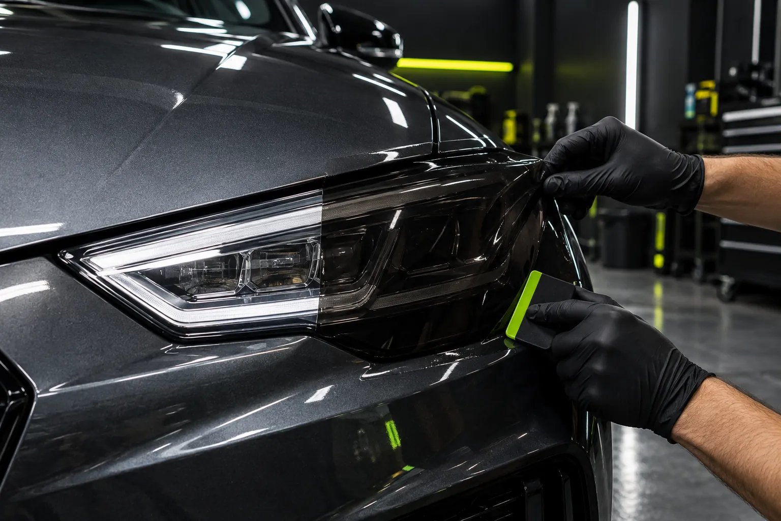 Meistras klijuoja tamsintą PPF plėvelę ant automobilio priekinio žibinto